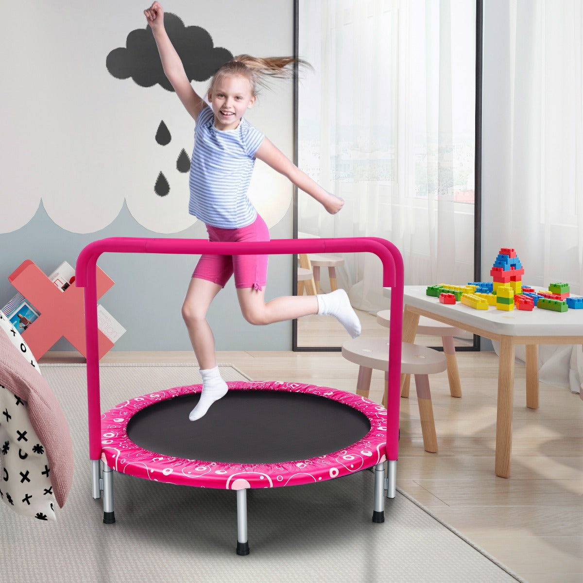 NNECW Foldable Kids Trampoline with Handle for Indoor &amp; Outdoor-Pink